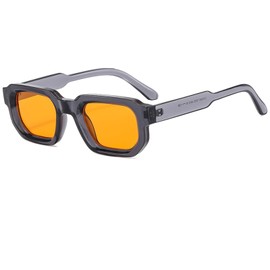 piscm Retro Chunky Rectangle Sunglasses for Men Women Trendy Small Square Thick Sun Glasses Hexagon Shade(Transparent Grey/Orange)