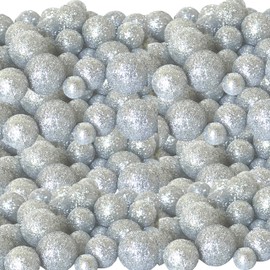 Silver Glitter Foam Balls - 10 Bag Set of Glittered Vase Filler Decorative Balls - Table Scatter Decorations - Silver Party Decorations - Assorted Sizes of Glittery Silvery Snow Balls…