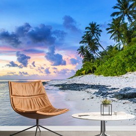 SIGNFORD Removable Wall Sticker/Wall Mural Pastel Sunset Palm Tree Island Beach Nature Wilderness Photography Realism Rustic Landscape Decorative Panorama for Living Room, Bedroom, Office - 66"x96"