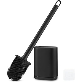 Cepillo de inodoro de silicona y soporte con mango flexible y eficiente, cepillo de inodoro montado en la pared con mango largo y cerdas de silicona, sin problema de mangos oxidados (Negro)