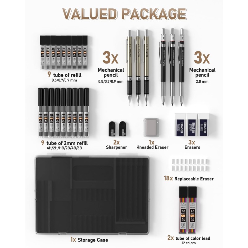 Nicpro 35PCS Art Mechanical Pencil Set, 3 PCS Metal Drafting
