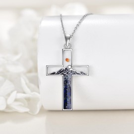 YFN Cross Necklace Sterling Silver Mountain and Ocean Pendant Religious Jewelry Gifts for Women Men, Sterling Silver, No Gemstone