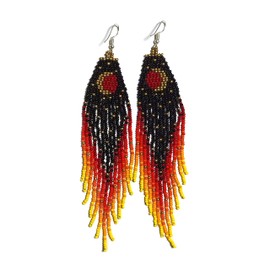 Long Beaded Dangle, Hoop Earrings – Boho Native Handmade Seed Bead Tassel Earrings, Bohemian Large Statement Beaded Drop Fringe Earrings for Women (Black & Yellow)