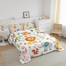 Feelyou Full Size Cartoon Lions Giraffe Comforter Set Zoo Animals Bedding Set Flamingo Zebra Comforter for Kids Boys Girls Kawaii Animals Duvet Insert 3Pcs