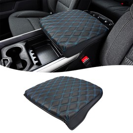 Car Center Console Cover for Dodge Ram 1500 2019-2024, Bucket Seat, PU Leather Trim, Armrest Cushion Pad, Anti-Scratch, Black-Blue Stitch