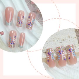 Square Press on Nails Medium Fake Nails French Tip False Nails White Artificial Nails with Blue Flowers Designs Stick on Nails for Women 24pcs