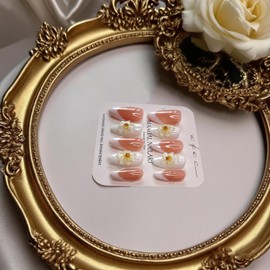 Handmade Press on Nails Medium Almond Fake Nails White 3D False Nails Luxury Elegant Flower Full Cover Stick on Nails Glue on Nails Floral Nails Acrylic Nails for Women Girls (Clear White S)