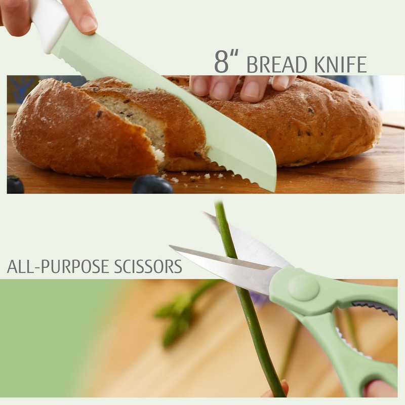 hecef 15 Pieces Kitchen Knife Set with Built-in Sharpening Wooden