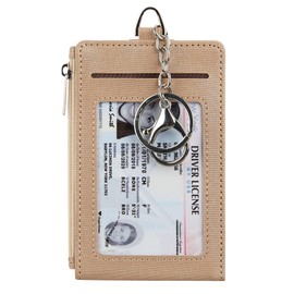 Cynure Women & Men Keychain 7 Card Slots Card Holder Case Zipper Slim Minimalist Front Pocket Wallet with 2 ID Window, Champagne Gold, 7 Cards, Minimalist