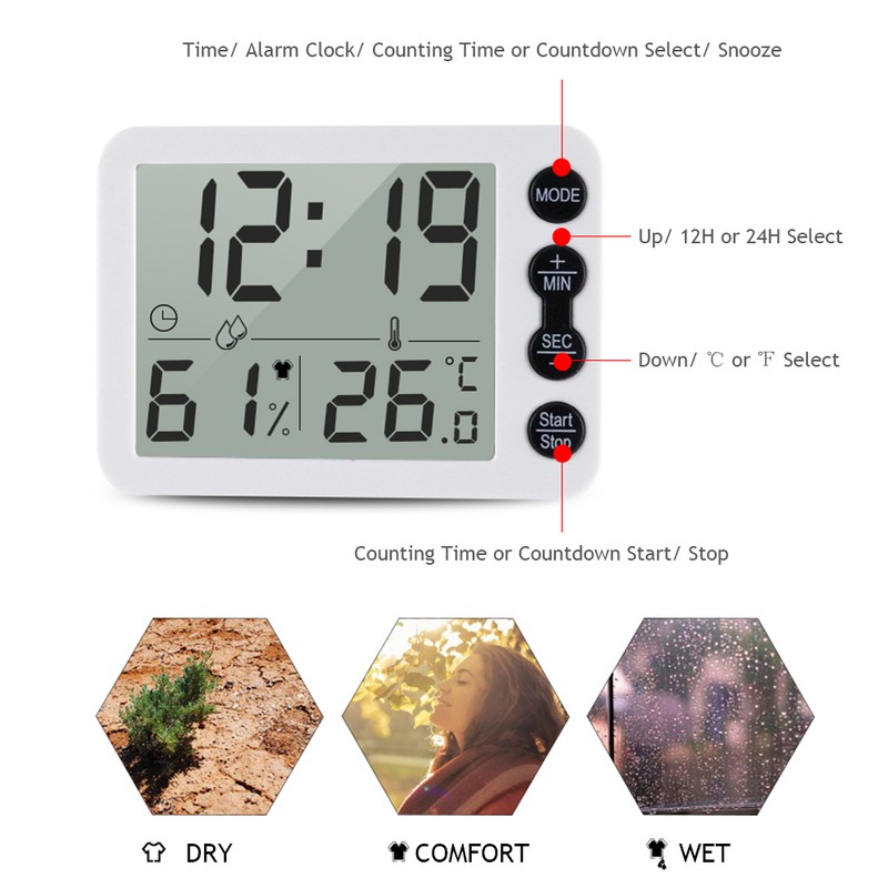 Digital Indoor Thermometer & Hygrometer with Clock LCD Display ℃/