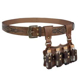 HiiFeuer Medieval Embossed Alchemy Faux Leather Buckle Belt with 4 Cork Vials, Fantasy Wizard Potion Bottles Belt (Brown B)
