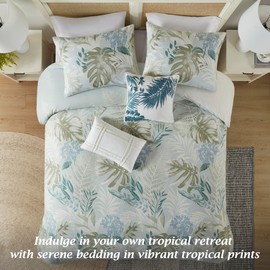 Harbor House Queen Duvet Cover Set, Tropical Palm Print, Soft Cotton Oversized Duvet Cover for a Queen-Size Bed, Coastal Bedding Cover, 2 Shams, 2 Décor Pillows, Kiawah Island, Full/Queen Blue