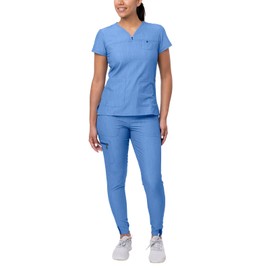 Adar Uniforms Women's Movement Booster Scrub Set Sweetheart V-Neck Top & Yoga Jogger Pants - P9400H - Heather French Blue - L