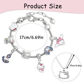 FYFLYMT Kitty Bracelet Gifts for Girls, 2-Piece Kitty Jewellery Set, Kitty Charm Bracelet with Pendant and Kitty Chain, Cartoon Adjustable Bracelet for Girls Gifts, Aluminium, Cubic Zirconia