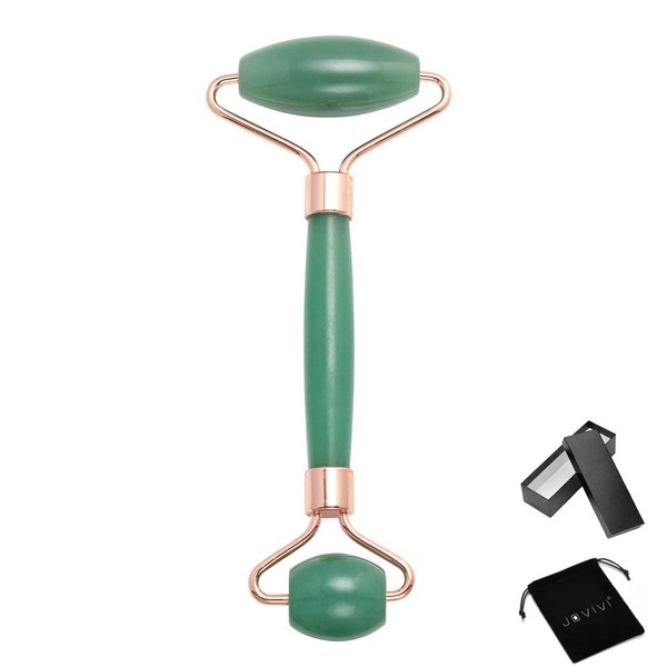 Jovivi Mak Facial Massager, Stone, Manual Beauty Massage Roller, Eye Massager, Relieves Small Face Fat Cellulite, Includes Case and Back (Green Aventurine)