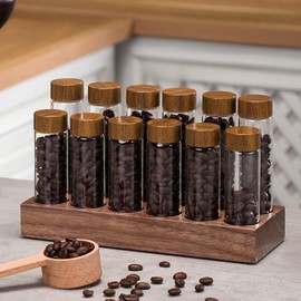 TREELF Coffee Bean Jars Canisters Coffee Storage Containers Walnut Solid Wood Base 12 Tubes Single Dose with Wooden Holder Coffee Bean Cellar Dosing Glass Vials With Lids Display Stand(Type 2)