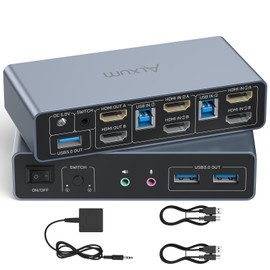 Alxum HDMI KVM Switch for 2 Monitors and 2 Computers, Dual Monitor KVM USB Switcher, 4K@60Hz, Support Copy and Extend Mode, with USB 3.0 Ports, Desktop Controller and 2 USB Cables.