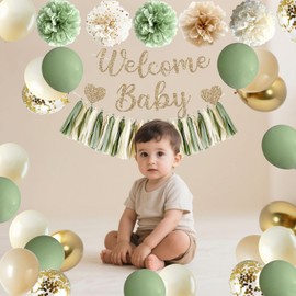 Shyhfdc Sage Green Baby Shower Decorations, Gender Neutral Baby Shower Decorations with Welcome Baby Banner Balloons Pom Poms Tassel Garland Neutral Gender Reveal Birthday Party Supplies