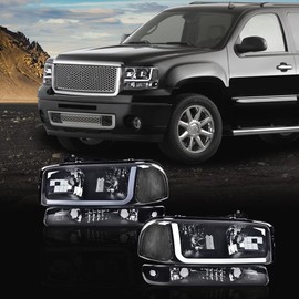 PIT66 LED DRL BAR Headlights, Compatible with 1999-2007 GMC Sierra 1500/2001-2007 GMC Sierra 1500HD 2500HD 3500/1999-2004 GMC Sierra 2500/1999-2006 GMC Yukon, Smoky Lens Black Housing Clear Reflector