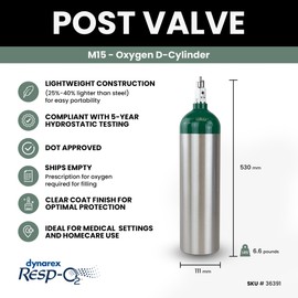 Dynarex Resp-O2 M6 Oxygen B-Cylinder with CGA 870 Post Valve – 1L Standard Size Oxygen Cylinder - Lightweight Aluminum Portable Tank with 165L Oxygen Capacity