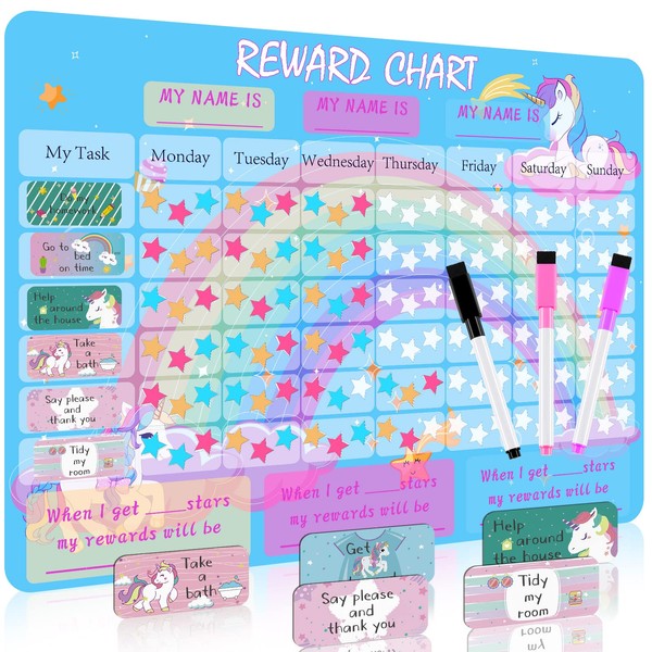Blulu Unicorn Magnetic Reward Chart and 72 Pieces Star Magnetic Sticker and 3 Piece Dry Erase Markers for Encourages Good Behaviour Kids Behavior Training Supplies