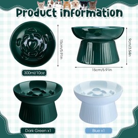 Tioncy 2 Pcs Ceramic Slow Feeder Raised Cat Bowl Cat Food Elevated Dry Wet Food and Water Easy to Clean Pet Bowls High Edge for Small Dogs, Dishwasher Safe(Dark Green, Blue)