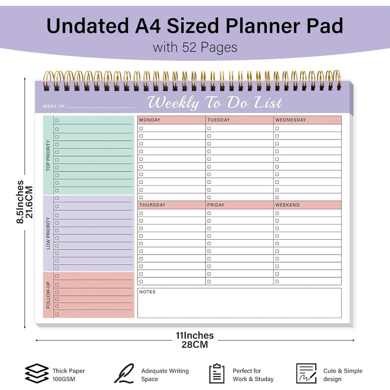 Weekly To Do List Notepad with 52 Undated Sheets（8.5"×11"）- Undated