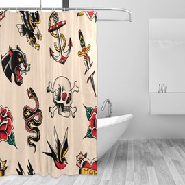 xigua Shower Curtains Old School Tattoo Print Design Curtain，Waterproof Fabric Decor Shower Curtains for Bathroom Set with 12 Hooks，66” x 72”