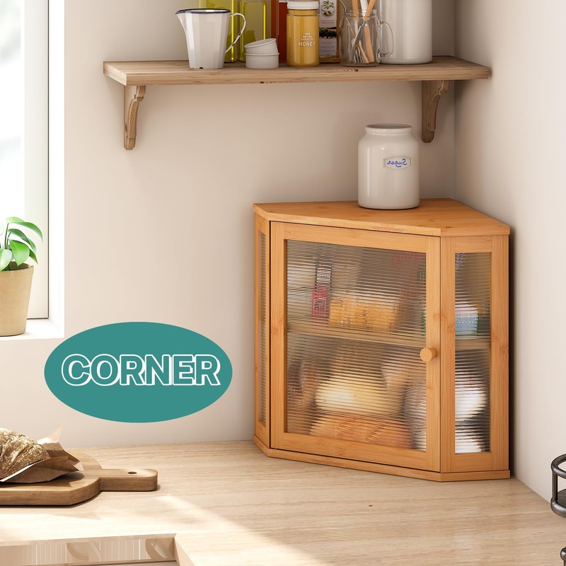 viewcare Corner Bread Box for Kitchen Counter, Bamboo Wood Large