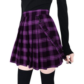 chouyatou Women's Cool Sweet A-Line Decorative Strap Plaid Pleated Mini Skirt (X-Large, Purple)