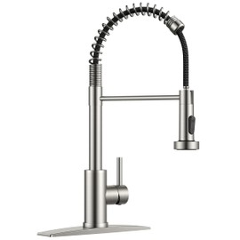 dearocean Kitchen Faucet with Pull Down Sprayer Brushed Nickel Stainless Steel, Classic Spring 1 Handle Pull Out Sink Faucet with Deck Plate for 1 or 3 Hole Sinks for Bar RV Laundry Farmhouse