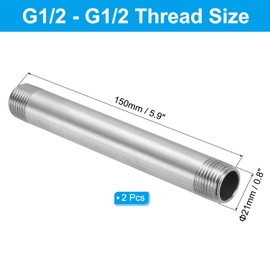 PATIKIL 304 Stainless Steel Pipe Fitting 1/2" NPT x 1/2" NPT Male Thread, 2 Pcs 6inch/150mm Length Nipple Cast Pipe Coupling Fitting Connector