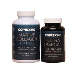 CORREXIKO Marine Collagen Capsules & Ultra Omega 3 Supplement Bundle - 2000mg Hydrolysed Collagen Peptides with Vitamins - High Strength Omega 3 Capsules - for Hair, Skin & Nails - 30 Day Supply