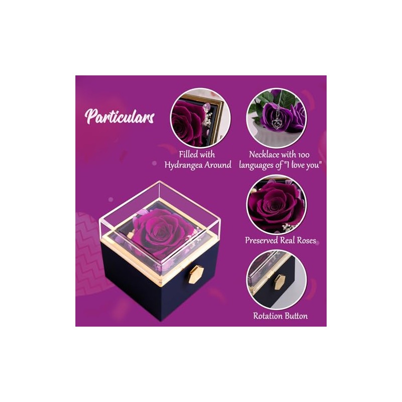 Caja giratoria de rosa real morada con collar I Love