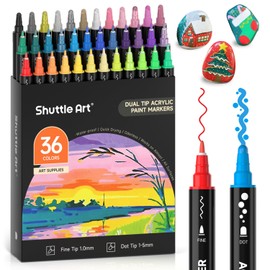 Shuttle Art 36 Colors Dual Tip Acrylic Paint Markers, Dot Tip and Fine Tip Acrylic Paint Pens for Rock Painting, Ceramic, Wood, Canvas, Plastic, Glass, Stone, Calligraphy, Card Making, DIY Crafts