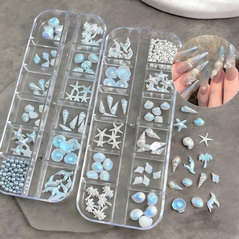 3D Nail Charms Summer Beach 2Boxe Aurora Bianco Blu Stella