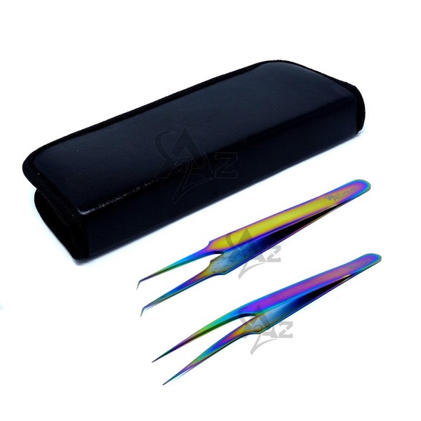 SET OF 2 Stainless Steel Multi Titanium Rainbow Color 3D Eyelash Extension Tweezers A type angled + Pro Straight Fine Point (A2Z)