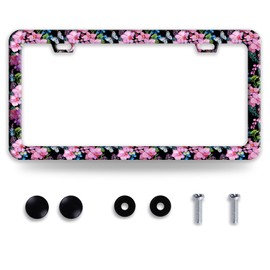 Cherry Blossom Butterfly License Plate Frame Funny License Plate Frames Stainless Steel Accessories Cars Decor with 2 Holes and Screws Fits Standard Us Ca Vehicles License Plate Holder 12.2 X 6 Inch