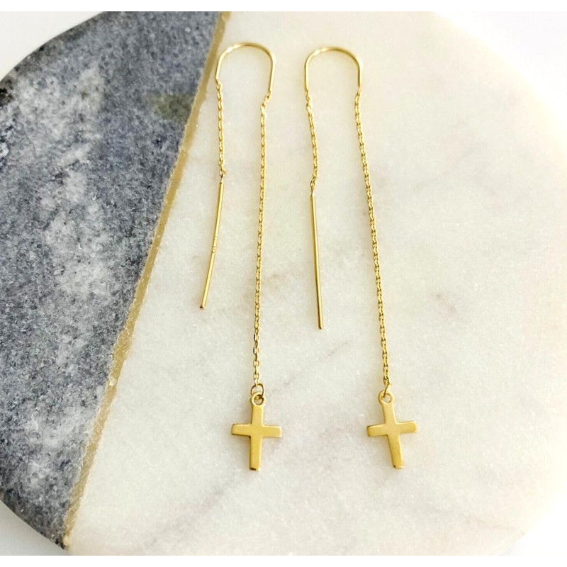14K Solid Gold Cross Threader Earrings, Dangle Chain Drop, 14K