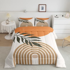 Sun Moon Abstract Comforter Set Queen Size,Boho Exotic Leaves Plants Bedding Set for Kids Girls Home Bedroom Decor,Modern Line Art Down Comforter,Sunrise Sunset Vintage Duvet Insert,2 Pillowcases