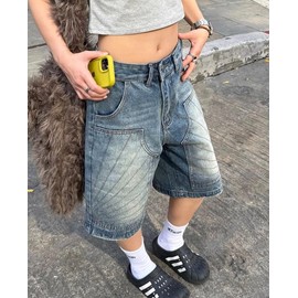 Lafaguw Baggy Shorts for Women Men Spider Web Jean Shorts High Waisted Wide Leg Jorts Y2K Gothic Summer Clothes.(Blue-L)
