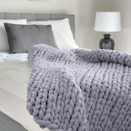 Adyrescia Chunky Knit Blanket Throw | 100% Hand Knit with Jumbo Chenille Yarn (50"x60", Lilac Gray)