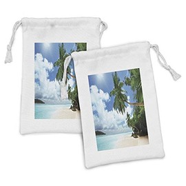 Ambesonne Beach Fabric Pouch Set of 2, Palm Leaves Island Ocean Clear Water Exotic Jungle Lagoon Travel Theme Image, Small Drawstring Bag for Toiletries Masks and Favors, 9" x 6", Green Blue Aqua