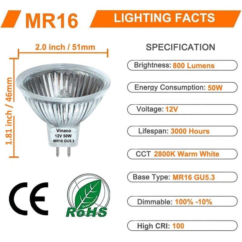 Vinaco MR16 Halogen Bulb 50W 12V, 10 Pack MR16 Bulb