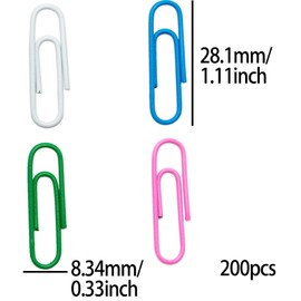 200 Pcs Paper Clips, 28 MM/1.1" Coloured Paperclips Metal Paper Clips Clamps with Box for Office School Stationery Document, Small Paper Clips