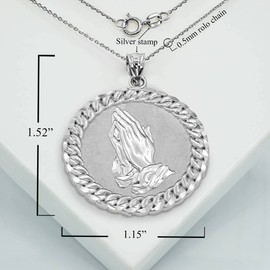 Claddagh Gold Sterling Silver Praying Hands Cuban Link Round Frame Pendant Necklace, 18"