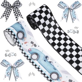 Cheerupp 2 Rolls Race Car Wired Edge Ribbons, 10 Yards Craft Ribbons for Wreath Hair Bow Wrapping Gifts Packing, Black White Checkered Birthday Wedding Gender Reveal Party Home Accessory Decor