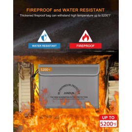 JUNDUN Fireproof Document Bags,Waterproof and Fireproof Money Bag,Fireproof Safe Storage Pouch with Zipper for A4 Document Holder,File,Cash and Tablet (Silver with V Closure, Large)