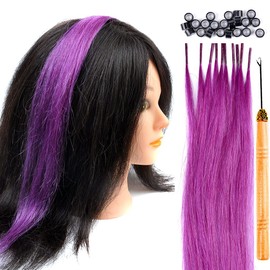 Jmzulnivst Lot 10 strands 20'' Long Solid Colorful I Tip Human Hair Extension,10+ FREE Micro Beads,Hook (Purple, 20inch)
