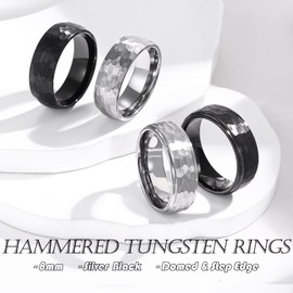 Adreamz 6mm 8mm Mens Hammered Tungsten Carbide Wedding Rings Black Silver Hammered Wedding Band Brushed and Step Edge, 11.5, Tungsten Carbide, No Gemstone